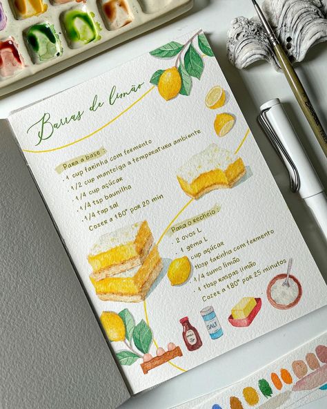 🍋 Lemon Bar Recipe /a commissioned work for my client/ @betsubara.cakes —— #watercolorpainting #watercolour #foodpainting… | Instagram Lemon Bar Recipe, Homemade Recipe Books, Recipe Book Design, Diy Cookbook, Menu Illustration, Recipe Book Diy, Digital Recipe Book, Homemade Cookbook, Lemon Bar