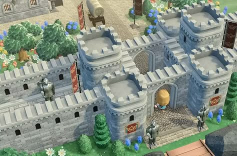 Animal Crossing Entrance Ideas, Acnh Zelda, Acnh Medieval, Town Entrance, Animal Crossing Entrance, Acnh Castle, Waterfall Building, Hyrule Castle, Castle Decor