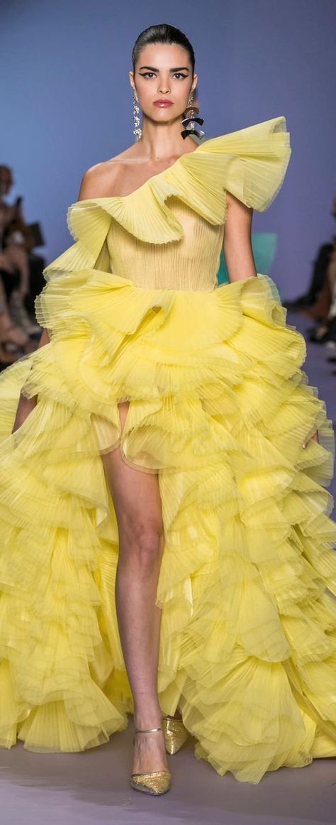 Yellow Couture, Camp Fashion, Yellow Mushroom, Georges Hobeika, Rainbow Fashion, African Traditional Dresses, African Inspired Fashion, Ruffles Fashion, Sunshine Yellow