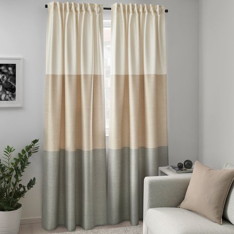 Upstairs Decor, Beige And Grey Living Room, Grey And White Curtains, Low Couch, Airbnb Bedroom, Valance Ideas, Bedroom Upstairs, Beacon House, Tan Walls