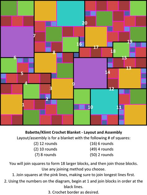 Babette / Klimt crochet throw blanket layout and assembly pattern. Maryfairy's Babette Meets Granny Mcphee Blanket, Babette Blanket Pattern, Babette Blanket Crochet, Mismatched Crochet Blanket, Babette Crochet Blanket, Crochet Babette Blanket, Crochet Granny Square Patchwork Blanket, Crochet Blanket Layout, Klimt Blanket