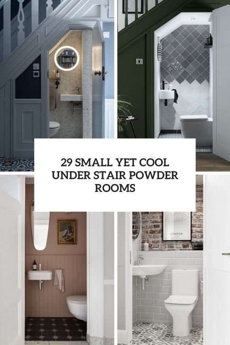 small yet cool under stair powder rooms cover Dark Under Stairs Toilet, Under Stairs Cloakroom Toilet Ideas, Small Toilet Room Downstairs Loo Under Stairs, Understairs Cloakroom Toilet, Small Attic Toilet Ideas, Small Powder Room Ideas Under Stairs, Bathrooms Under Staircase, Small Cloakroom Toilet Under Stairs, Under The Stair Bathroom