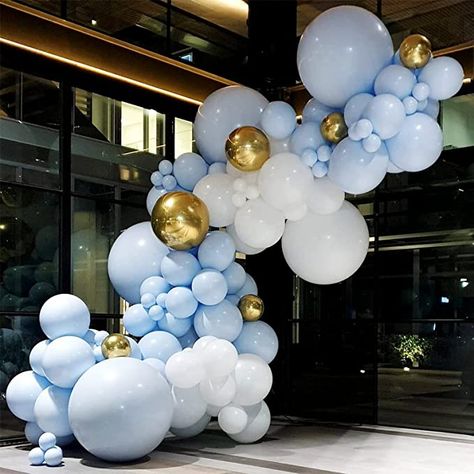 Blue White Balloon Arch, 1st Birthday Party Backdrop, Green Balloon Arch, Sage Green Balloons, White Balloon Arch, Baloon Garland, Light Blue Decor, Christening Balloons, Blue Sweet 16