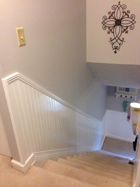 Loving the beadboard we just put up in the stairwell!!!! Beadboard Stairway Walls, Beadboard On Stairs, Farmhouse Stairwell Decor, Bead Board On Stairs, Beadboard Stairs Wall, Beadboard Half Wall Stairs, Beadboard Staircase, Bead Board Stairwell, Staircase Beadboard