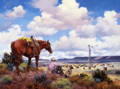 "The Over-seers" - by Jack Sorenson ~ This cowboy has stopped to count his Blessings and thank our Creator for the good year he’s had. This painting was commissioned by Beef Magazine for their cover, and they sold limited edition prints of it as well. Like this cowboy, I try to never forget what a blessed life I have. Thank God for the rain in the Texas Panhandle today! Jack Sorenson, Cowboy Artwork, Cowboy Artists, Rich Art, Western Artwork, Creation Photo, Western Paintings, Western Artist, West Art