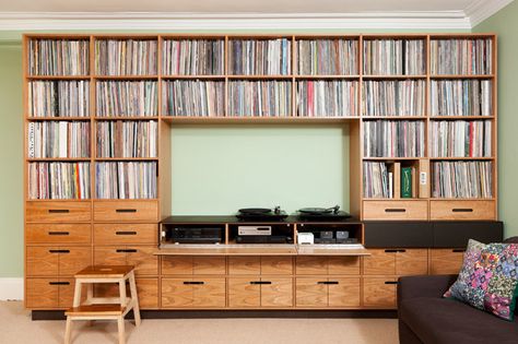 We love this amazing wooden vinyl storage unit! Now all you need is thousands of records. Vinyl Record Room, Lp Record Storage, Vinyl Room, Music Storage, Record Room, Record Shelf, Lp Storage, Album Storage, Cd Storage