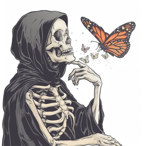 Even the reaper pauses to admire the fleeting beauty of life. 🦋💀 #NatureMeetsNecro #Butterflies #SkullArt #LifeAndDeath #ArtisticSoul #BeautyInDecay #MementoMori #ButterflyEffect #IllustrationDaily #DarkBeauty #Skeleton #ContemplateLife #MacabreArt #GothicAesthetic #NatureIllustration #ArtOfTheDay #EmbraceChange #DeathlyBeautiful #InkedArt #ArtLovers #ThoughtProvoking #Vanitas #EphemeralBeauty #DrawingOfTheDay #LifeCycles #ArtisticMusing #DarkWhimsy #SkullAndButterflies #GrimReaperGentleness Skeleton Art Dark, Grim Reaper Aesthetic, Skeleton Reaper, Skeleton Pics, The Reaper, Beauty Of Life, Macabre Art, Art Journal Therapy, Heart Illustration