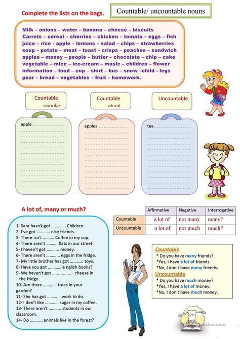 Countable and uncountable nouns - A lot of, much or many - English ESL Worksheets for distance learning and physical classrooms Countable And Uncountable Nouns, Uncountable Nouns, English Club, Nouns Worksheet, English Exercises, Teaching English Grammar, English Grammar Worksheets, Grammar Activities, English Classroom