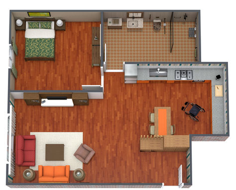 An orange 3D wheelchair accessible floor plan with one bedroom, one bathroom, and an l-shaped kitchen. Wheelchair Accessible Tiny Home, Wheelchair House Plans, Wheelchair House, Wheelchair Accessible Bathroom, 3d Floor Plan, Granny Flats, Accessible Bathroom, 3d Floor, Granny Flat