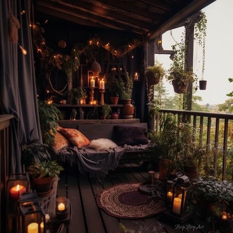 Black And Green House Aesthetic, Dark Academia Patio, Forest Aesthetic Interior Design, Whimsigoth Backyard, Whimsigoth Patio, Goth Sunroom, Gothic Patio Ideas, Goth Front Porch, Witchy Balcony