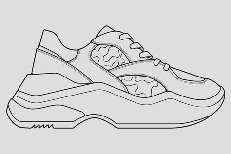 Sneaker Outline, Sketch With Pencil, Flat Fashion Sketch, Shoes Coloring, Angle Drawing, Fashion Illustration Shoes, 3d Shoes, Shoe Drawing, Sneakers Drawing