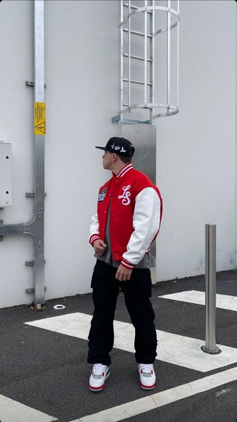 Red Varsity Jacket Outfit Men, Hip Hop Outfits Men, Red Tshirt Outfit, Red Jacket Outfit, Red And White Jordans, Sneakers Photography, Outfit Inspo Streetwear, Baseball Jacket Outfit, Outfits For Teenage Guys