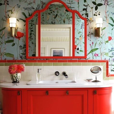 Red Bathroom Vanity Cabinets, Red Bathroom Cabinets, Cherry Bathroom Decor, Red Bathroom Vanity, Red Bathroom Ideas, Cherry Bathroom, Red Vanity, Red Bathroom, Eclectic Bathroom