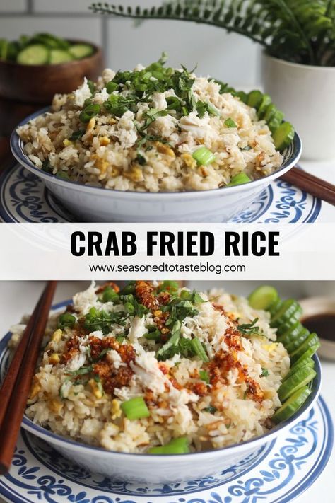 Two image pin collage. Top image shows final recipe of crab fried rice, served in a blue and white decorative bowl. Bottom image shows similar image but riced is topped with chili oil. Crab Fried Rice Recipe Thai, Thai Crab Fried Rice, Crab Fried Rice Recipe, Crab Fried Rice, Soy Sauce Fish, Fried Rice Seasoning, Crab Rice, Thai Fried Rice, Crab Fries