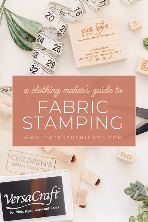 Engraved rubber stamps, ink pads, and clothing making supplies are spread across a white table. Fabric Stamping Diy, How To Make Ink, Stamping On Fabric, Paper Sushi, Stamping Fabric, Fabric Techniques, Stamping Textiles, Stamp Tutorial, Clothing Guide