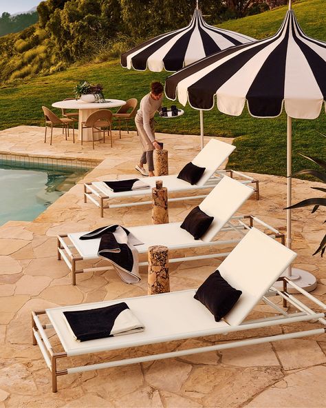 SEASON OPENER. Soak up every hour of sun with the right layers—from statement-making umbrellas to planters that suit any space. Poolside Decor, Modern Outdoor Patio, Pool Umbrellas, Pool Lounger, Outdoor Furniture Decor, Modern Backyard, Pool Decor, Modern Outdoor Furniture, Outdoor Chaise Lounge