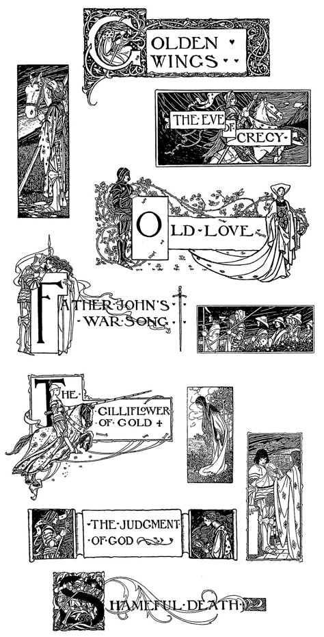 Chapter headings and tail pieces designed by Florence Harrison for “Early poems of William Morris” (1914) Book Chapter Design Illustrations, Poem Graphic Design, Chapter Headings Design, Chapter Heading Ideas, William Morris Tattoo, Fairytale Poster, Florence Harrison, Chapter Design, Poem Illustration