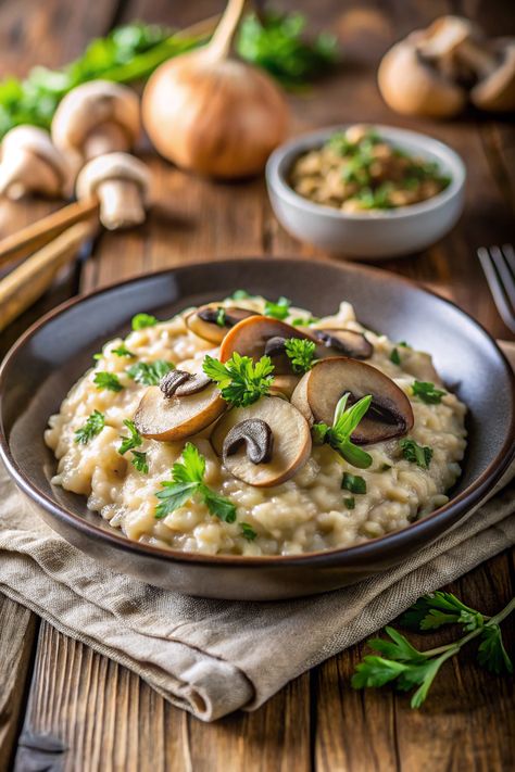 Creamy Vegan Mushroom Risotto Risotto Dinner, Vegan Mushroom Risotto, Vegan Risotto, Chickpea Coconut Curry, Vegan Mushroom, Risotto Recipe, Arborio Rice, Veggie Pizza, Lentil Stew