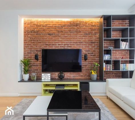 Brick Wall Tv Unit, Brick Wall Tv, Wall Tv Unit, Living Room Spotlights, Tv Unit Ideas, Brick Living Room, Brick Interior, Tv Unit Interior Design, Living Room Tv Unit Designs