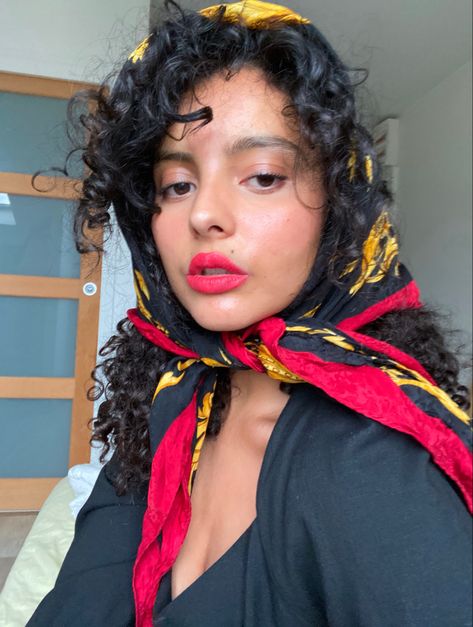 Giving french riviera vibes with my red lips and scarf #curlyhairstyles curly hair cheveux bouclés Hair With Silk Scarf, Scarf Curly Hair, Scarf For Curly Hair, Scarf Style, French Riviera, Scarf Hairstyles, Red Lips, Scarf Styles, Silk Scarf