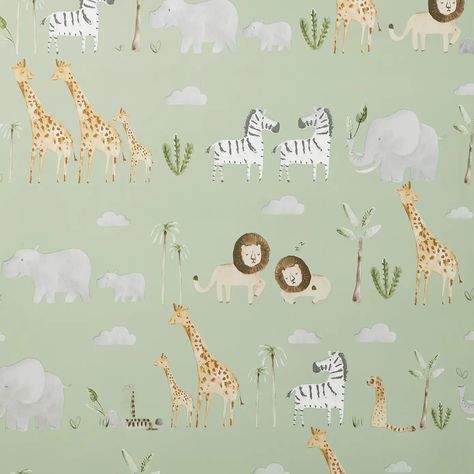 Soft Green Background, Safari Wallpaper, Jungle Nursery, Boy’s Room, Green Animals, Baby Room Rugs, Paper Wallpaper, Room Makeover Inspiration, Green Tones