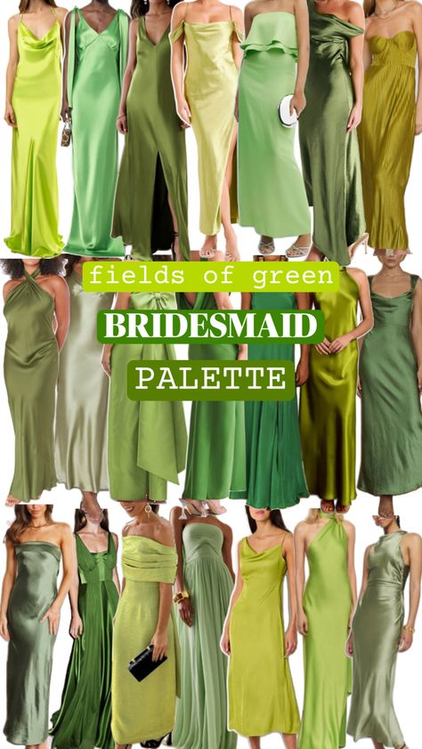 All shades of greens palette inspiration for bridesmaids dresses, fresh bright shades of green dresses Shades Of Green Dresses, Mixed Green Bridesmaid Dresses, Greens Palette, Green Bridesmaids Dress, Bridesmaid Palette, Bridal Party Groomsmen, Palette Inspiration, Green Dresses, Different Shades Of Green