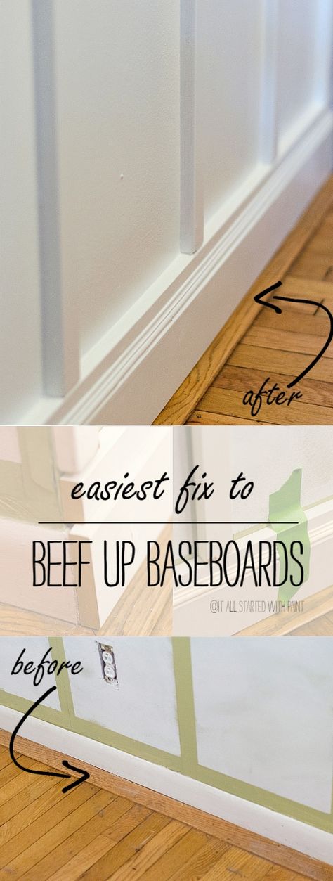 Baseboard Fix: Easy Way To Add Height and Bulk to Baseboards; No Crow Bars Needed! Baseboard Diy, Board And Batten Hallway, Moulding Ideas, Baseboard Trim, Trim Ideas, Board And Batten Wall, Board And Batten, Wood Trim, Diy Tips