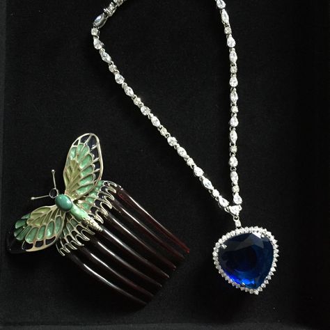 Titanic necklace and comb. Heart of the ocean Titanic Rose Necklace, Titanic Heart Of The Ocean Necklace, Titanic Necklace, Heart Of The Ocean Necklace, Titanic Costume, The Heart Of The Ocean, Titanic Artifacts, Heart Of The Ocean, Titanic Jewelry