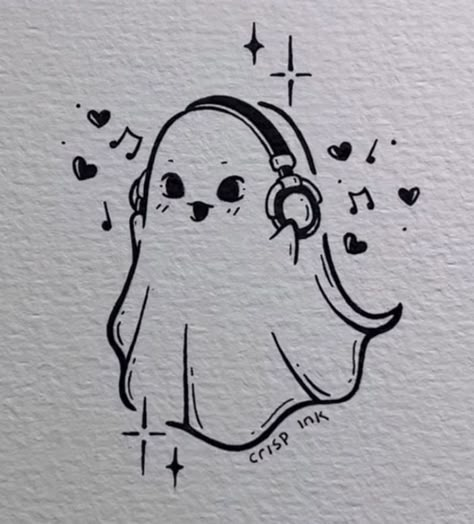 Crisp Ink Ghost Tattoo, Halloween Hand Doodles, Fun Ghost Drawings, Ghost With Guitar Tattoo, Ghost With Headphones Drawing, Halloween Doodles Cute, Ghost With Book Tattoo, Gost Drawings Halloween, Cute Spooky Drawings