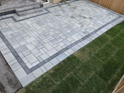 Backyard Interlocking Ideas, Gray Patio Pavers Design, Interlock Patio Backyard, Turf With Paver Border, Concrete Patio With Paver Border, Pavers Backyard Landscaping Ideas, Patio Paver Designs Layout, Concrete Driveway With Paver Border, Unilock Pavers Patio