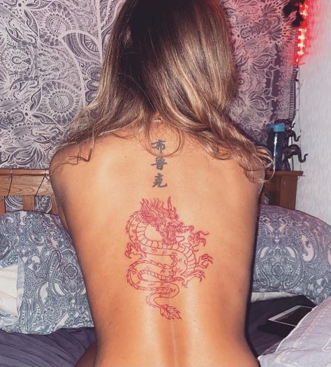 Dragon Upper Back Tattoo, All Red Tattoo Sleeve, Dragon Tattoos On Back, Chinese Dragon Back Tattoo, Red Dragon Tattoo Back, Dragon Tattoo For Women Back, Dragon Back Tattoo Women, Red Ink Back Tattoo, Dragon Ankle Tattoo