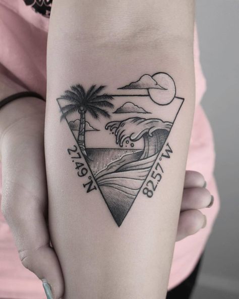 Florida landscape to complement her husband’s Alaska tattoo from my previous post! #pcrumptattoos #thebutchertattoo #inkpediaorg... Tattoo Florida Ideas, Ocean Triangle Tattoo, Florida Tattoo Ideas, Ocean Tattoo Design, Front Thigh Tattoos, Alaska Tattoo, Florida Tattoo, Desert Tattoo, Triangle Tattoo Design