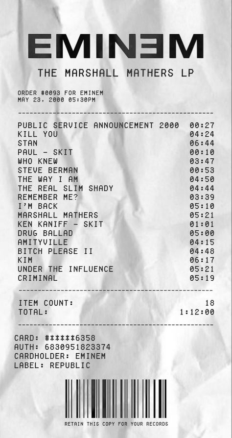 Eminem Album Receipt, Room Posters Eminem, Poster Prints Eminem, Art On Receipt, Eminem Receipt, Eminem Room Ideas, Rapper Posters On Wall Bedroom, Eminem Bedroom, Eminem Prints