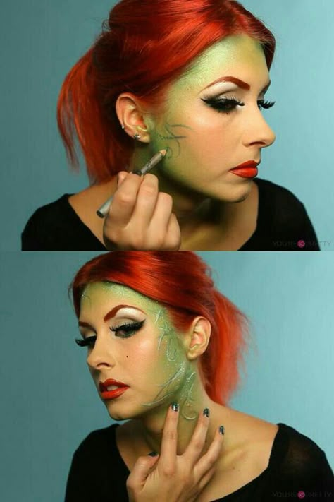 Poison ivy makeup Halloween Face Makeup Ideas, Makeup Artist Price List, Poison Ivy Kostüm, Vine Makeup, Face Makeup Ideas, Poison Ivy Makeup, Poison Ivy Halloween Costume, Ivy Costume, Poison Ivy Cosplay