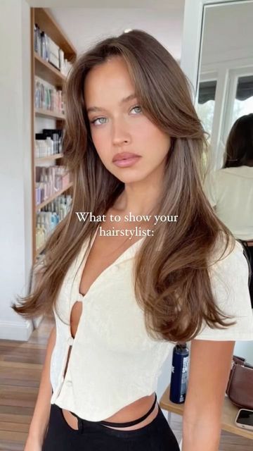 @yuvallakiva on Instagram: "Hair inspo" Medium Brown Hair Blue Eyes, Brown Hair With Highlights Blue Eyes, Hazelnut Brown Hair Color, Latte Brown Hair, Latte Brunette, Brown Hair Blue Eyes Pale Skin, Hazelnut Brown Hair, Light Brown Hair Blue Eyes, Scandinavian Hairline