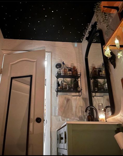 #starry #ceiling #bathroom #bathroominspo Dark Ceiling Bathroom, Starry Night Bathroom, Starry Bathroom, Stars Bathroom, Magical Bathroom, Cottage Dark, Starry Ceiling, Painted Vanity Bathroom, Ceiling Bathroom