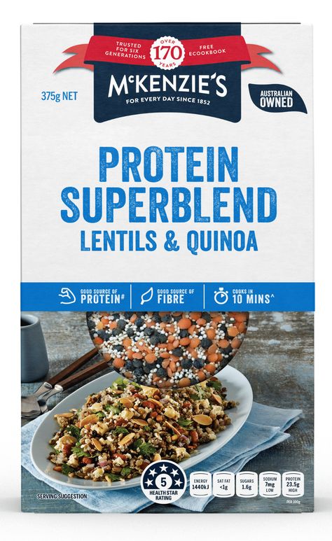 McKenzie’s Protein Superblend with Lentils & Quinoa adds texture and a distinctive flavour to your cooking. This wholesome blend requires no soaking and cooks in just 10 minutes. A perfect alternative to rice or a booster to your soups and salads. Good Source of Protein & Fibre 5 Star Health rating No artificial colours or... Alternative To Rice, Quinoa Lentil, Lentils And Quinoa, White Quinoa, Perfect Pantry, Good Sources Of Protein, Lentil Recipes, Red Lentil, Protein Sources