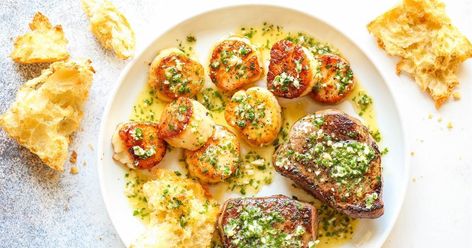 A three-course steakhouse dinner you can make at home #homehealthcare  #seniorliving  #benningtonhhc  #nutrition  #sanmarcos  #newbraunfels  #austin Steak And Scallops, Steakhouse Dinner, Ketogenic Recipes Dinner, Butter Steak, Date Night Recipes, Garlic Butter Steak, Steak Butter, Surf And Turf, Scallop Recipes