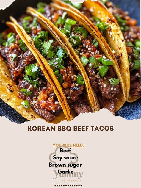 🌮 "Try these mouthwatering Korean BBQ Beef Tacos—where Korean flavors meet Mexican street food!" 🌮🔥 #TacoTuesday #KoreanFusion Korean BBQ Beef Tacos Ingredients: Beef (500g, thinly sliced) Soy sauce (¼ cup) Brown sugar (2 tbsp) Garlic (3 cloves, minced) Sesame oil (1 tbsp) Gochujang (1 tbsp) Tortillas (8 small) Kimchi (1 cup, chopped) Green onions (for garnish) Sesame seeds (for garnish) Instructions: In a bowl, marinate the beef with soy sauce, brown sugar, garlic, sesame oil, and gochuj... Bbq Beef Tacos, Korean Bbq Tacos, Korean Tacos, Korean Bbq Beef, Korean Ground Beef, Mexican Street Food, Taco Ingredients, Beef Tacos, Ground Beef Tacos