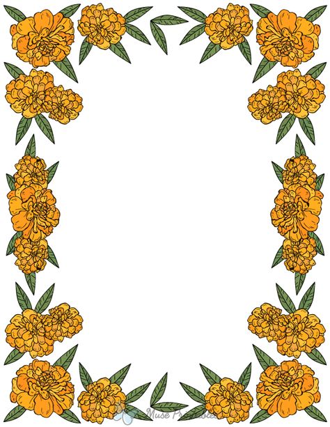 Printable Marigold Page Border Floral Page Borders, Marigold Border, Marigold Flower Drawing, Marigold Painting, Flower Colouring Pages, Roses And Sunflowers, Desi Vibes, Easy Flower Drawings, Marigold Flowers