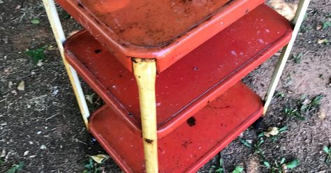 This cart belonged to my grandma. It's been inside, outside, rained on, snowed on, and thanks to the dogs, has been pottied on. I've been hauling it around for… Refurbished Table, Upcycle Chair, To My Grandma, Upcycle Storage, Vintage Cart, Metal Cart, Diy Bar Cart, Red Spray Paint, Vintage Bar Carts