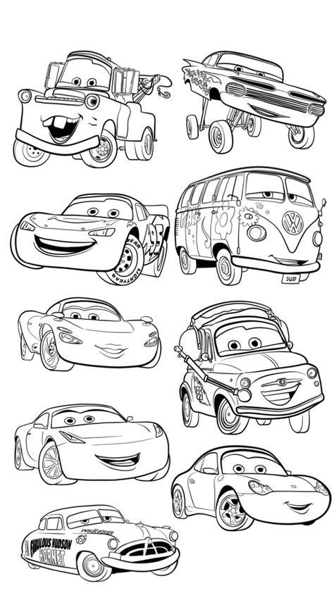 Pixar Cars drawing ideas with step-by-step tutorials for each. Disney Cars Characters, Disney Coloring Pages Printables, Disney Inspired Tattoos, Pixar Cars Birthday, Disney Stained Glass, Cars Coloring, Cars Drawing, Car Drawing, Zen Doodle Art