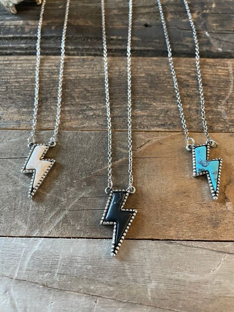 "* chain is 15\" with a 3\" extension, lightening bolt hangs 1\"." Country Christmas Gifts For Teens, Cute Country Jewelry, Punchy Jewelry, Punchy Blonde, Western Jewerly, Western Fashion Jewelry, Rodeo Jewelry, Western Necklace, Lightning Bolt Necklace