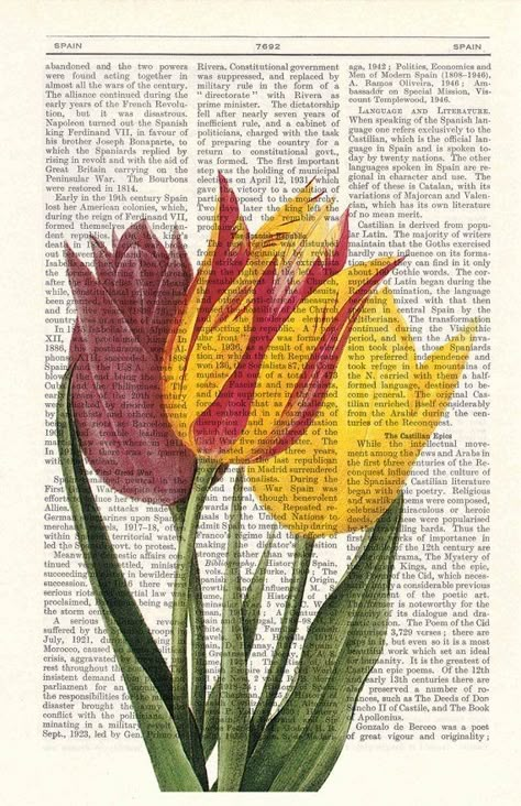 Painting Ideas On Book Pages, Painting On A Book Page, Book Page Painting Watercolors, Painting On Newspaper Ideas, Book Pages Painting, Art On Newspaper, Painting On Book Pages, Vintage Tulips, Newspaper Painting