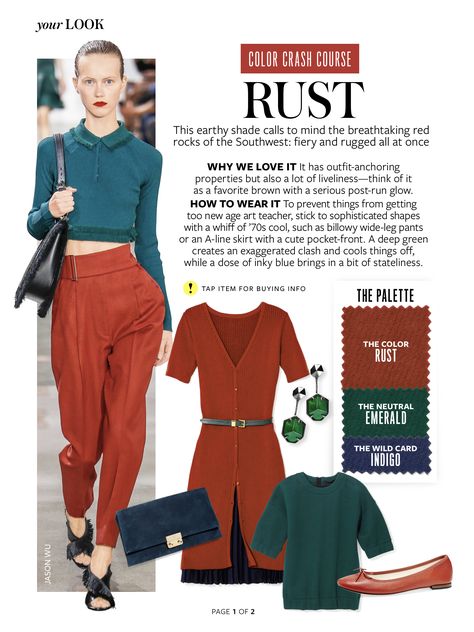 color combo: rust Rust And Teal Outfit, Rust Color Combinations, Instyle Color Crash Course, Deep Autumn Color Palette, Blue Autumn, Colour Analysis, Colour Combinations Fashion, Color Combinations For Clothes, Deep Autumn