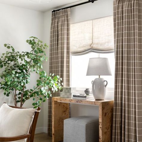 Studio Mcgee Curtains, Dresser In Front Of Window, Pattern Curtains Living Room, Dream Home Makeover, Cozy Beach House, Cottage Curtains, The Shade Store, Plaid Curtains, Dining Room Curtains