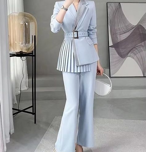 Causal Solid Notched sashes Pockets Blazer and Wide leg Pants Two Piece Set Business Suits7. Womens Professional Suits, Woman Suit, Woman Suit Fashion, Pantsuits For Women, Stage Outfit, Business Suit, Suit Fashion, Two Piece Set, Classy Outfits