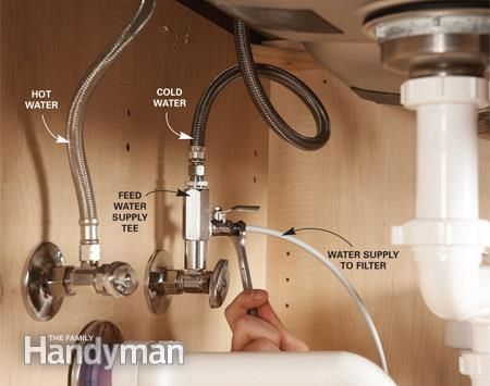 Mount water supply feed - Install a Reverse Osmosis Water Filter: http://www.familyhandyman.com/plumbing/install-a-reverse-osmosis-water-filter/view-all Pex Plumbing Diy, Reverse Osmosis Faucet, Reverse Osmosis Water Filter, Pex Plumbing, Best Water Filter, Pex Tubing, Plumbing Problems, Reverse Osmosis Water, Diy Plumbing