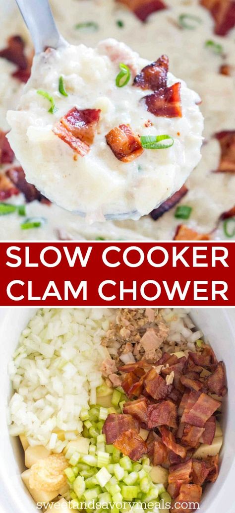 Slow Cooker Clam Chowder is easily made in the crock pot, yielding a creamy and comforting soup. #slowcooker #crockpot #easyrecipe #souprecipes #clamchowder #sweetandsavorymeals #bestrecipes Seafood Mix Recipes, Slow Cooker Clam Chowder, Recipes Crock Pot, Summer Crockpot Recipes, Slow Cooker Dinner Recipes, Seafood Mix, Crockpot Lasagna, Comforting Soup, Slow Cooker Dinner