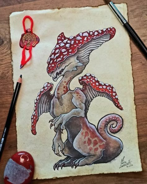 Toadstool Mushroom Drawing, Fantasy Creature Sketch, Mushroom Dragon Art, Mushroom Dragon Drawing, Mushroom Tattoos Ideas, Mushroom Animals Drawing, Fairytale Creatures Drawing, Mystical Creatures Sketches, Forest Creatures Drawing